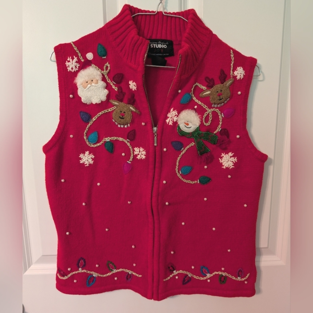 Vintage 90s Designers Originals Studio Joy Red Knit Santa Vest. Size M. VGUC.